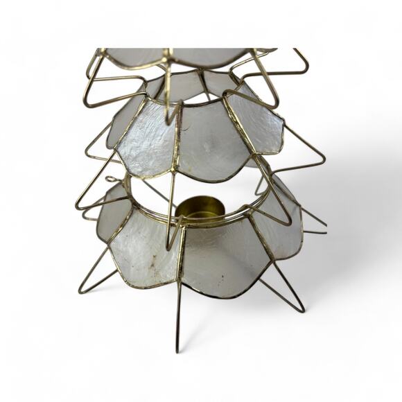 Vintage Capiz Shell Christmas Tree Candle Holder with Brass Frame Star Topper - Picture 5 of 16